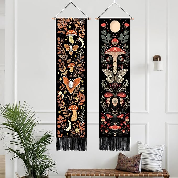 AOHMPT Pack of 2 Long Vertical Tapestry,Nature Landscape Tapestry with Serene Mountain River, Moon & Sun Motifs,Traditional Ink Painting Wall Art,Zen Aesthetic Wall Hanging for Living Room Bedroom Decor 13" W x 51" H"