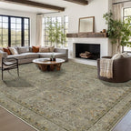 9x12 Area Rugs for Living Room Bedroom, Large Washable Rug, Vintage Floral Boho Rug, Non Slip & Low Pile Faux Wool Thin Carpet for Indoor Dining Room and Kids Room(Olive Brown 9x12ft)