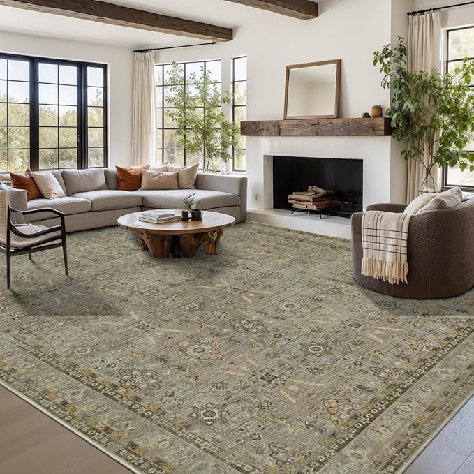 9x12 Area Rugs for Living Room Bedroom, Large Washable Rug, Vintage Floral Boho Rug, Non Slip & Low Pile Faux Wool Thin Carpet for Indoor Dining Room and Kids Room(Olive Brown 9x12ft)