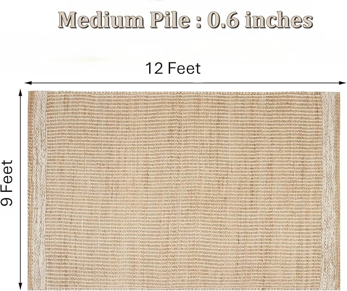9' x 12' Jute & Wool Mini Check Area Rug with 4-Inch Border Handwoven mini Check Pattern – Living Room, Dining & Bedroom Rug, Neutral Indoor Natural Farmhouse Décor (9' x 12')