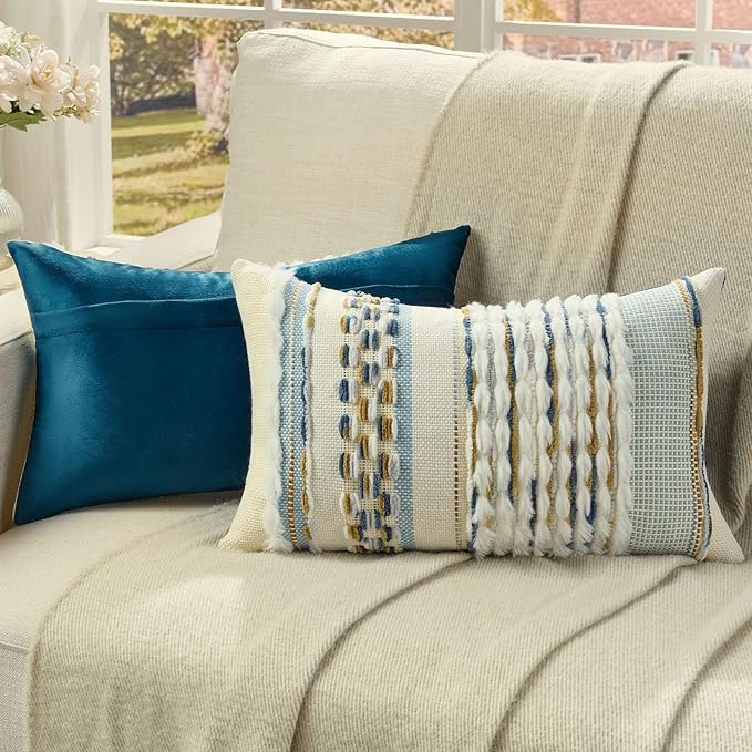 FUTEI Navy Brown Accent Throw Pillow Covers Set of 2, 12x20 Inch Plush Tufted Striped Textured Decorative Pillow Cases for Farmhouse Boho Couch Decor