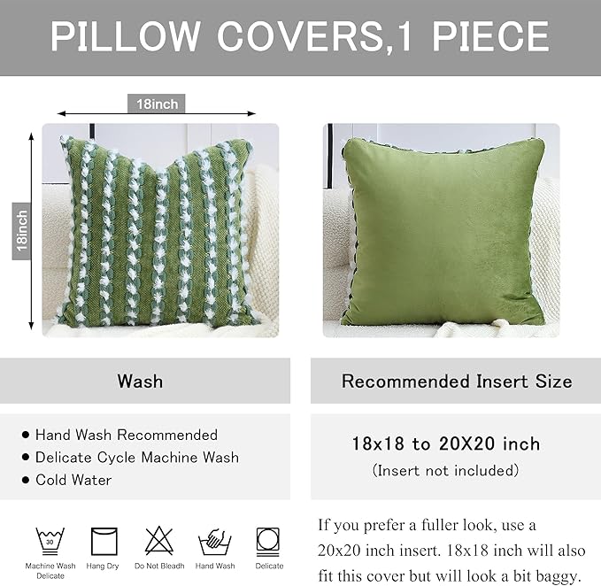 18x18 Boho Pillow Cover - Chenille Tufted Decorative Throw Pillow Cover Soft Velvet Backing, Farmhouse Striped Square Accent Pillow Case for Sofa, Couch, Bedroom, Living Room, Green White
