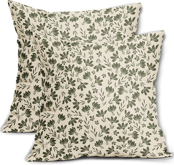Olive Green Floral Pillow Covers 18x18 Set of 2 Vintage Rustic Old Style Cute Small Flower Green Cream Print Decorative Outdoor Pillowcases Farmhouse Throw Cushion Case Decor for Couch Sofa Bed
