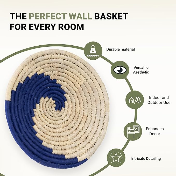 Wicker Village | Handmade Woven Wall Basket Décor | Boho Wall Art | Hanging Accent Rustic Natural Sabai Grass | Blue and Beige | 12" L x 12" W x 2" H