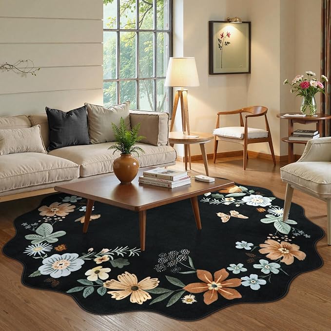 Lahome Floral Washable Round Area Rug, Round Rug 5ft Soft Non-Slip, Non-Shedding Boho Circle Carpet for Bedroom Living Room Bathroom Nursery Kitchen Flore, Black/Grey
