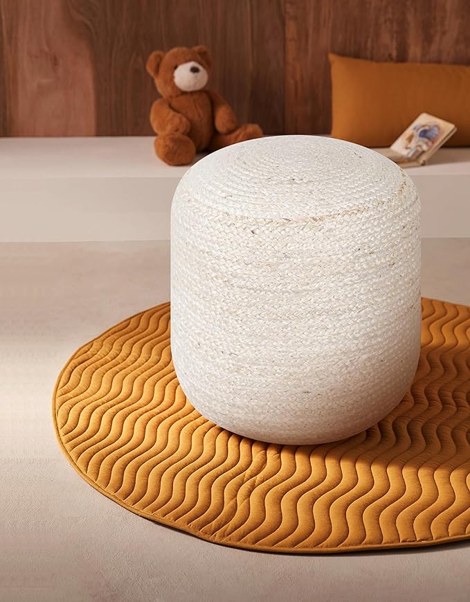 Palisa Ottoman Jute Pouf Handmade Knitted Poof Bean Bag Filling | Boho Pouffe for Living Room & Bedroom | Foot Rest Poufs for Office Home Decor (Off White, 16" D x 16" W x 18" H)