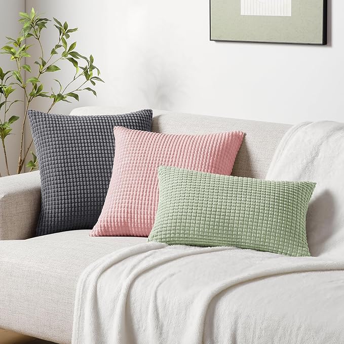 Softalker Throw Pillow Covers 18x18 Inch, Set of 2, Soft Corduroy Boho Stripe Decorative Pillow Cover, Couch Fluffy Pillow Cover for Farmhouse Home Decor Bed Living Room, Pink