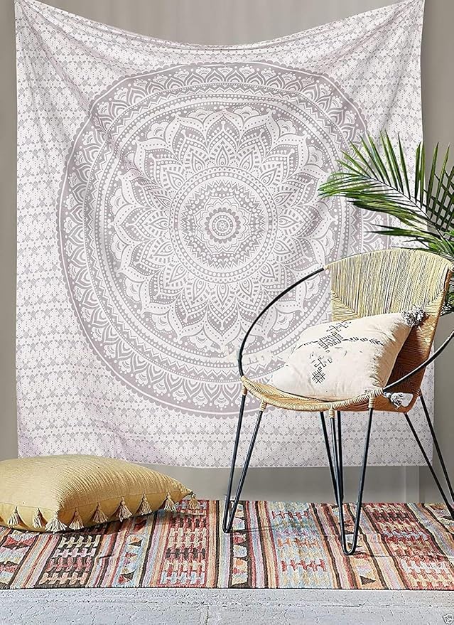 ANJANIYA Ombre Wall Hanging Bohemian Tapestry, Metallic Wall Art Bedspread, Psychedelic Hippie Mandala Dorm Décor for Hanging, Bedding, Beach Coverlet Curtain, Silver, 54"X60"