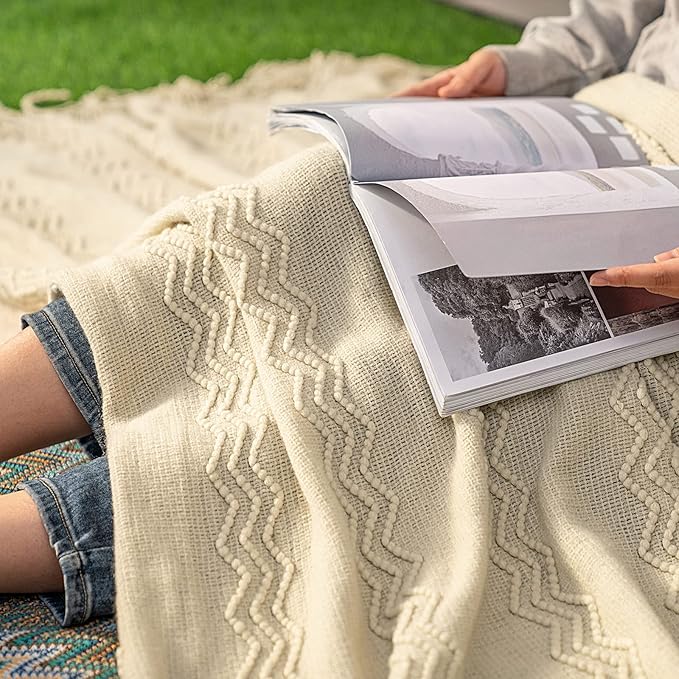 MIULEE Knitted Beige Throw Blanket Soft Sofa Knit Blanket for Couch 50 x 60 Inches, Solid Cozy Lightweight Wave Pattern Decorative Blankets with Tassels for Women, Kids