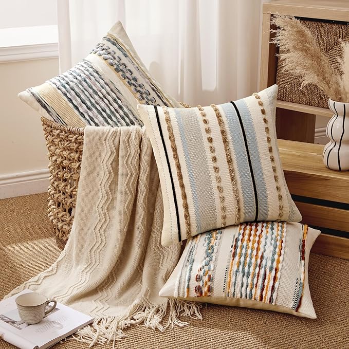 ANRODUO Pack of 2 Boho Decorative Throw Pillow Covers 18x18 Farmhouse Cushion Case Striped Chenille Pillow Cases Square Pillow Covers Accent Neutral Pillowcase for Sofa Couch Bed,Brown Stripe