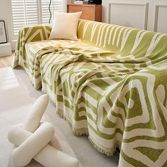 ROOMLIFE Green Boho Couch Cover for 3 Cushion Couch L Shape Sofa Covers for Sectional Sofa Reversible Silpcover for Dogs Washable Chenille Furniture Protector for Living Room, 71"x134"