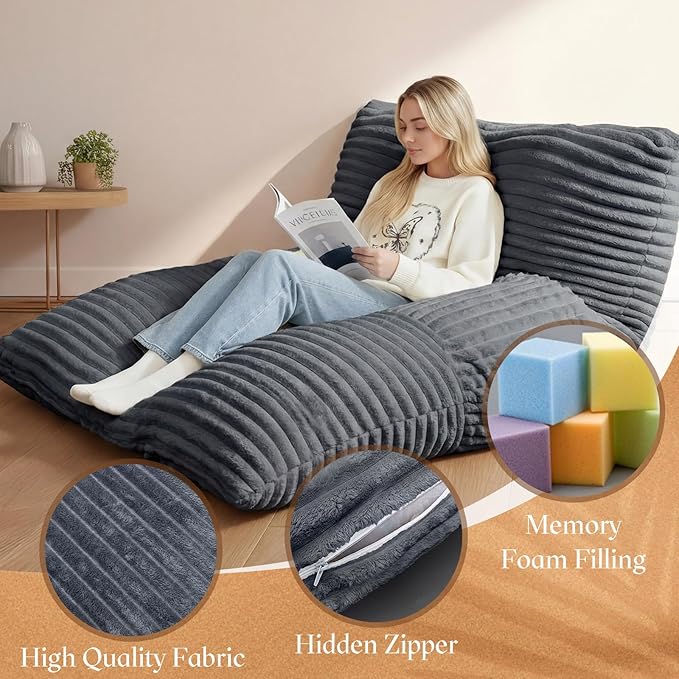 Honeydak 3 in 1 Giant Bean Bag Chair Cover Only (No Filler) Convertible Bean Bag Lazy Floor Sofa Cover Without Filling Washable Versatile Stuffed Animal Storage for Bedroom Living Room(Dark Grey)