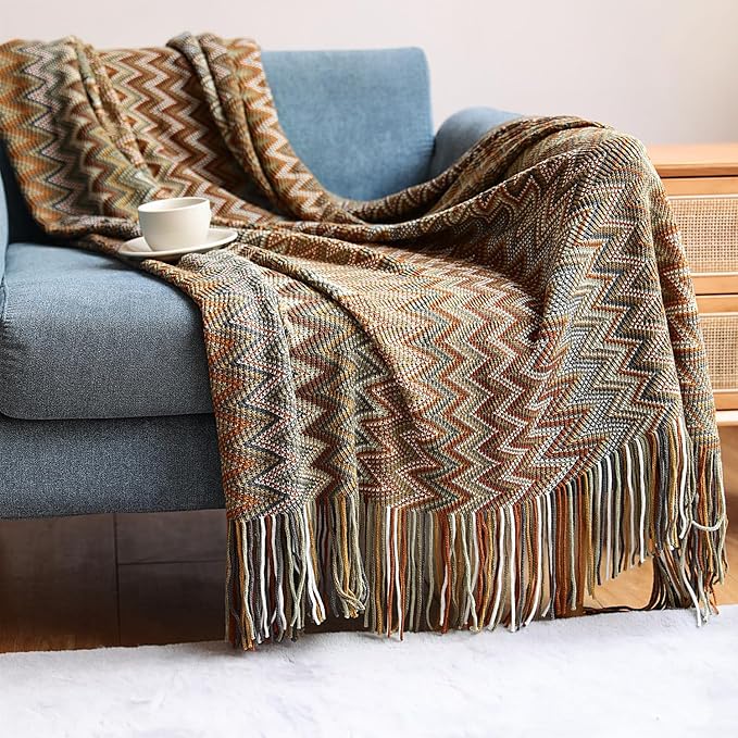 Boho Bohemian Throw Blanket for Couch Sofa Bed, Soft Cozy Lightweight Boho Blankets Knitted with Tassel, Decorative Blanket All Season 50x60 inches (Yellow)