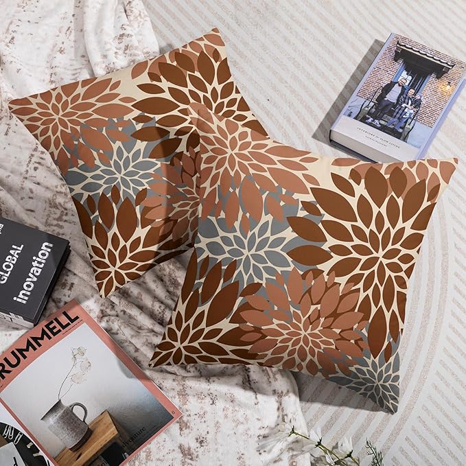 Brown Grey Gray Pillow Covers 16X16 Inch Set of 2, Spring Modern Geometry Dahlia Floral Print Decorative Throw Pillow Covers Outdoor Farmhouse Cushion Case for Couch Sofa Bed Decor
