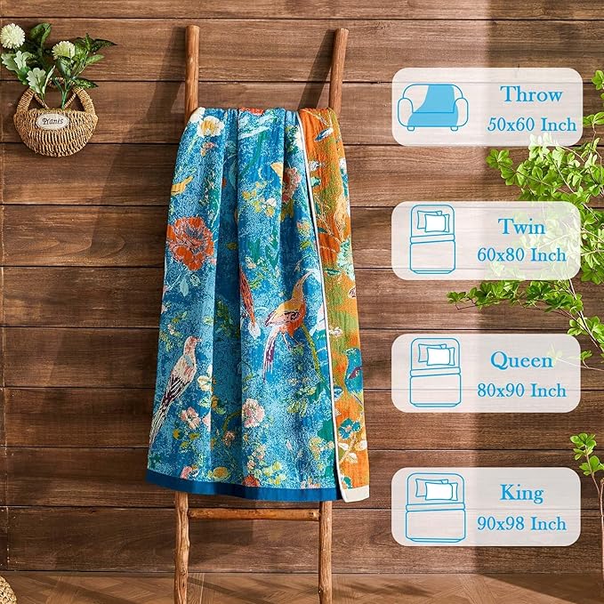 Boho Throw Blanket 100% Cotton Muslin Woven Blanket Bohemian Bed Throws Vintage Rustic Farmhouse Decor Reversible Bed Blanket Quilt for All Seasons（Blue 50"x60"）