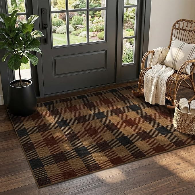 JTJ 3x5 Vintage Door Mats Outdoor Entrance - Easy Jute Fall Rugs Outdoor for Patio, Balcony, Kitchen, Mudroom, Washable Earthy Brown and Red Checkered Elegence Décor