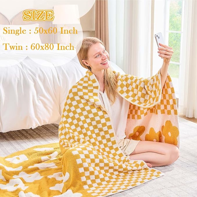 Checkered Throw Blanket, Yellow Flower Blanket for Couch, 60"x80" Soft Plaid Knit Blanket for Home Decor, Reversible Checkerered Blankets for Sofa, Chair, Bed