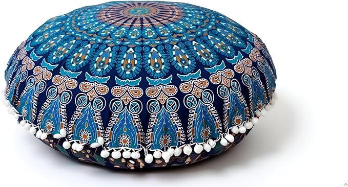 ICC Large Hippie Elephant Mandala Floor Pillow Cover - Cushion Cover - Pouf Cover Round Bohemian Yoga Decor Floor Cushion Case- 32" (Green Peacock)