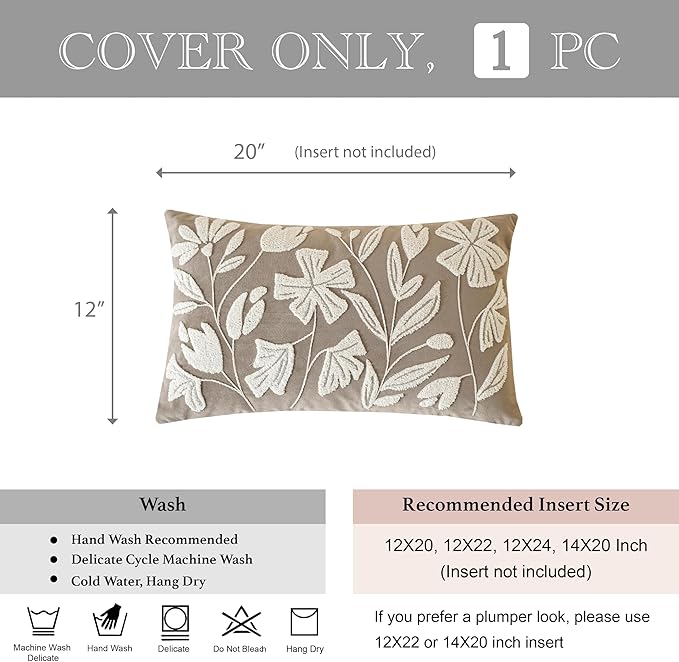 BlissBlush 12x20 Lumbar Pillow Cover, Rectangular Taupe Decorative Throw Pillowcase for Couch Sofa, Embroidered Velvet Farmhouse Accent Cushion (Cover Only)