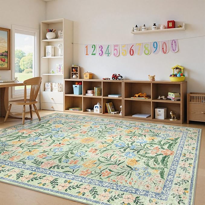Lahome Sylvie Boho Light Green Large Area Rugs for Bedroom 9x12, Floral Washable Rugs Living Room, Soft Non-Slip Thin Rug for Nursery Kids Playroom Tween Girls Home, Tea Green