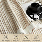 Amélie Home Striped Knit Throw Blanket for Couch, Dual-Sided Soft Chenille Decorative Blankets for Sofa & Chair, 50"x60", Khaki & White