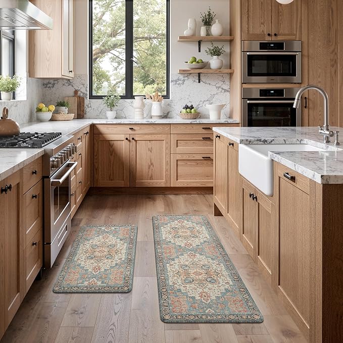 GENIMO Kitchen Mats for Floor 2PCs, Washable Anti Fatigue Mat for Cushioned, 17.3"x47"+17.3"x30", Waterproof Kitchen Rugs, Non Slip Comfort Standing Mat Rug for Home, Sink, Laundry, Blue&Salmon