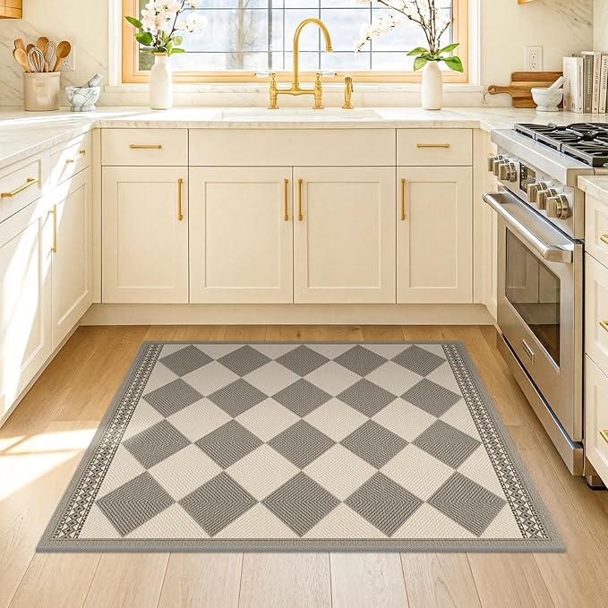 Beige Gray Diamond Easy Jute 3x4 Indoor Outdoor Rug, Checkered Farmhouse Geometric Decor Porch Entryway Carpet, Washable Non Slip Patio Rug for Laundry Room, Kitchen, Backyard or Mudroom