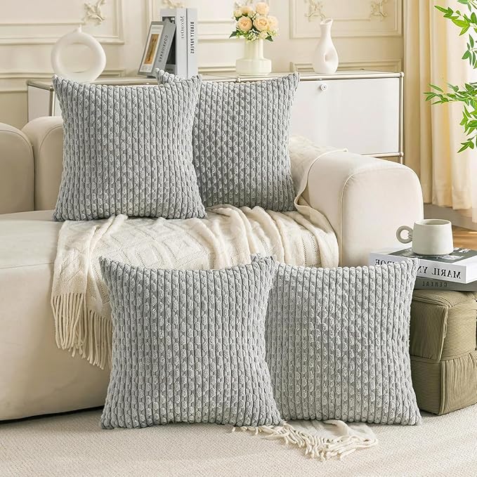 VAKADO Couch Throw Pillow Covers 18x18 Set of 4 Boho Rustic Decorative Corduroy Cushion Case Farmhouse Decor Square for Home Living Room Bed Sofa,Grey