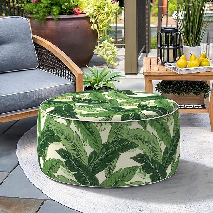 Indoor/Outdoor Inflatable Ottoman, All Weather Ottoman Pouf D31 x H14 inch, Round Foot Rest Portable Footstool for Patio, Garden, Porch, Home, Swaying Palms Green