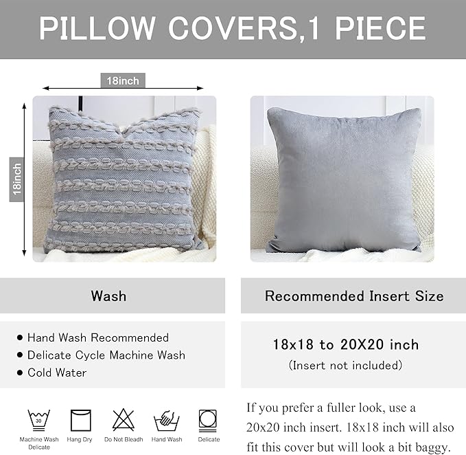 18x18 Boho Pillow Cover - Chenille Tufted Decorative Throw Pillow Cover Soft Velvet Backing, Farmhouse Striped Square Accent Pillow Case for Sofa, Couch, Bedroom, Living Room, Light Grey