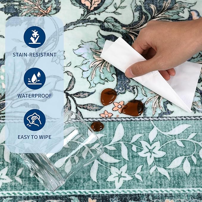 GarveeHome Teal 2x6 Washable Kitchen Runner Rugs Non Slip Provence Botanical Grove Vintage Boho Cottage Long Rug for Hallways Bedroom TPE Rubber Backing