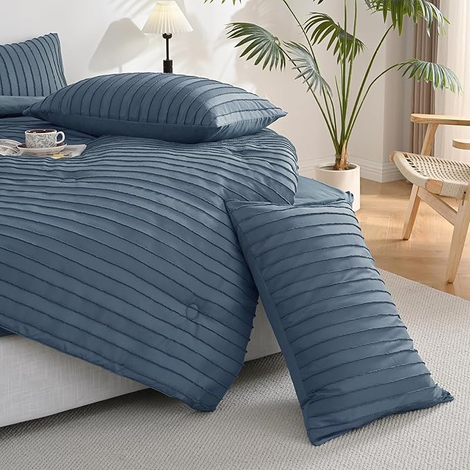 JELLYMONI Pillowcases King Size Blue 2 Pack Boho Striped Bed Pillow Covers 20x36in Polyester Envelope Pillow Shams Tufted Bohemian Textured (Pillows are not Included)