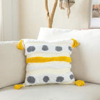 Woven Tufted Farmhouse Boho Throw Pillow Cover, Modern Decorative Multi Color Geometric Stripes Pillowcase with Tassels for Couch Sofa Bedroom Living Room, 18 x 18 Inches, Ivory, White, Yellow, Grey