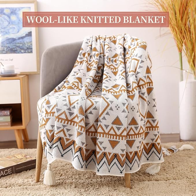 Knitted Queen Size Throw Blanket - Lightweight Breathable Summer Soft Blanket of Polyester Imitation Cotton for Anti-Static,Luxury Throws for Bed, Couch and Sofa,Yellow Tassel Pattern