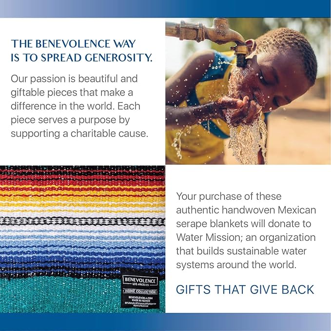 Benevolence LA Mexican Blanket, Authentic Handwoven Yoga Blanket & Outdoor Blanket, Made by Traditional Mexican Artisans, Saddle Blanket, Beach Blanket, Picnic Blanket, & Car Blanket 75 x 52 - Agua