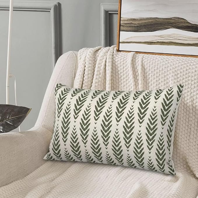 Sage Green Boho Pillow Covers 12 x 20 Inch Pack of 2, Bohemian Ethnic Herringbone Pattern Decorative Throw Pillow Covers Vintage Linen Farmhouse Outdoor Pillowcase for Bedroom Home Sofa Decor