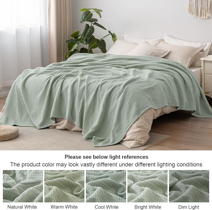 PHF 100% Cotton Muslin Blanket Queen Size 90"x90", 4-Layer Lightweight Gauze Throw, Breathable Cloud-Soft Minimalist Blanket for Bed, Couch, Camping & Baby, Sage Green, Ideal Gift