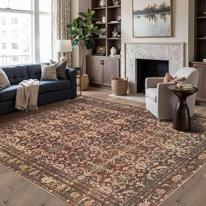 6x9 Area Rugs for Living Room Bedroom, Large Washable Christmas Rug, Vintage Oriental Boho Rug, Non Slip & Low Pile Faux Wool Thin Carpet for Indoor Dining Room, Classroom Dorm and Kids Room