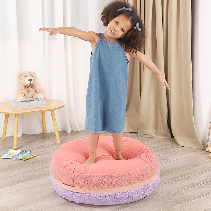 Macaron Bean Bag Chair for Kids and Teens, Medium Bean Bag Sofa with Memory Foam Filling, 27.5"×27.5"×13.5", Purple and Red