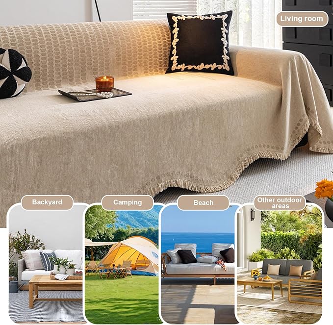 ROOMLIFE Khaki Couch Cover Sofa Covers, Chenille Couches Covers for 3 Cushion Sofas, Non Slip Soft Breathable Sofa Slipcovers for Pet, Washable Furniture Protector with Tassel,71''X134”