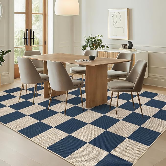 GarveeHome Easy Jute 8x10 Area Rugs for Living Room Checkered Rugs Machine Washable Non-Slip Backing Indoor Outdoor Carpets for Farmhouse Dining Room Nursery Patio Navy Blue