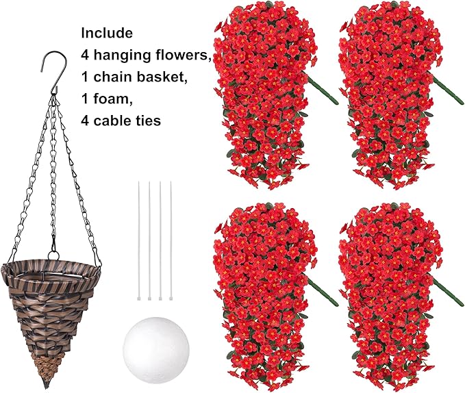 HyeFlora Artificial Fake Red Hanging Flowers Plants Basket for Outdoor Outside Winter Christmas Decor, Faux Silk Daisy Flower Look Real UV Resistant Orchid Vine Plant for Porch Garden Yard Patio Home