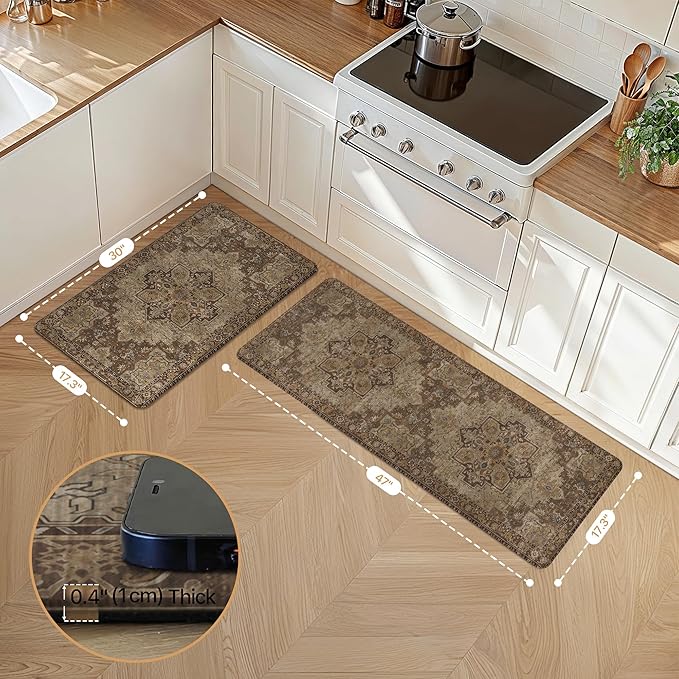 GENIMO Kitchen Mats for Floor 2PCs, Washable Anti Fatigue Mat for Cushioned, 17.3"x47"+17.3"x30", Waterproof Kitchen Rugs, Non Slip Comfort Standing Mat Rug for Home, Sink, Laundry, Rustic Brown