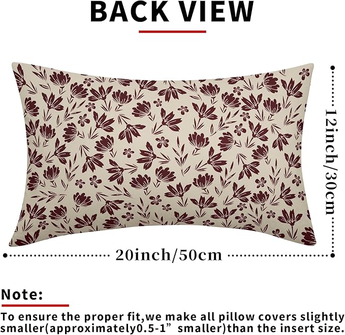 Burgundy Floral Pillow Covers 12x20 Set of 2 Vintage Rustic Old Style Cute Small Flower Cream Print Rectangle Decorative Outdoor Pillowcases Farmhouse Throw Cushion Case Couch Sofa Bed Decor