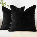 decorUhome Chenille Soft Cozy Throw Pillow Covers 26x26 Set of 2, Modern Farmhouse Boho Velvet Decorative Euro Sham Pillow Cases with Stitched Edge for Couch Sofa Bed Home Decor, Black