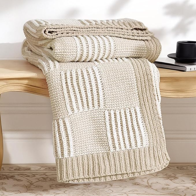 Amélie Home Checkered Knit Throw Blanket for Couch, Chenille Texture Decorative Soft Blanket for Sofa & Chair, 60"x80", Beige & Ivory