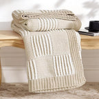 Amélie Home Checkered Knit Throw Blanket for Couch, Chenille Texture Decorative Soft Blanket for Sofa & Chair, 60"x80", Beige & Ivory