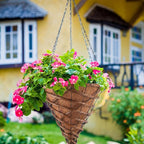 2 Pack 14" Cone Rattan Coco Moss Hanging Basket with Wire Hanger and Liner Heavy-Duty Wicker Hanging Planters with Coco Liner Plant Pot Flower Metal Wire Holder for Plant Balcony