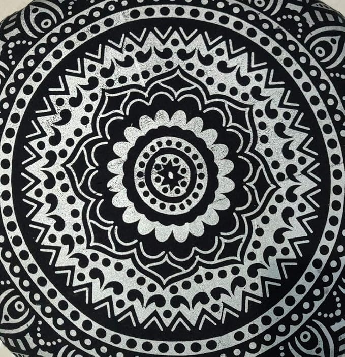 INDIAN CRAFT CASTLE 24" Black Silver Mandala Barmeri Large Floor Pillow Cover Cushion Meditation Seating Ottoman Throw Cover Hippie Decorative Zipped Bohemian Pouf Ottoman Pom Pom Cases 24" Round