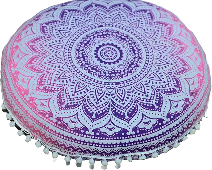 Round Mandala Floor Pillow Cover Seating Cushion Throw Ottoman Pouf Cover Pom Pom Pillow Cases Hippie Decorative Bohemian Boho Indian 22 Inches (Pink White)